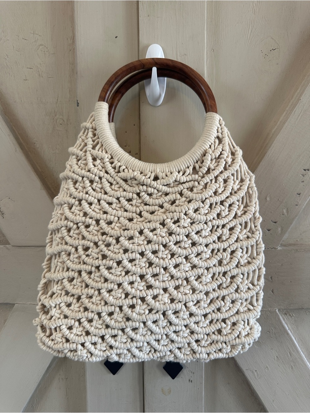Sigrid Olsen Macramé Handbag Cream Cotton Rope Wooden Ring Handles Boho